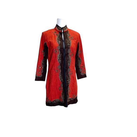 Chico's Sz 0 s Red Persian Art-to-Wear 3/4 Embroidered Beaded Jacket Funky Rich - Picture 1 of 11